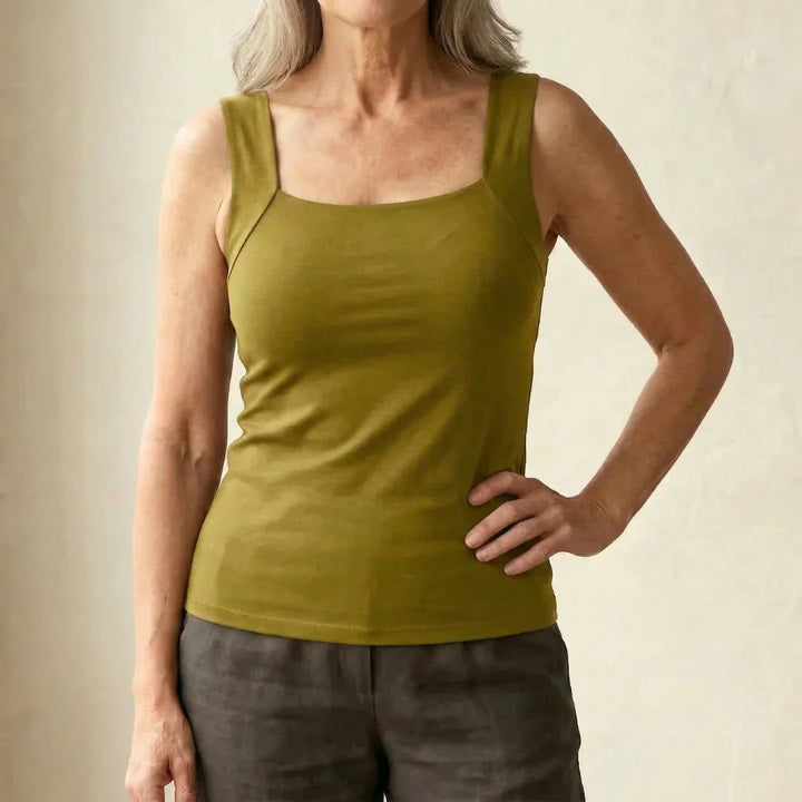 Model showcasing a square neck tank with a contemporary silhouette