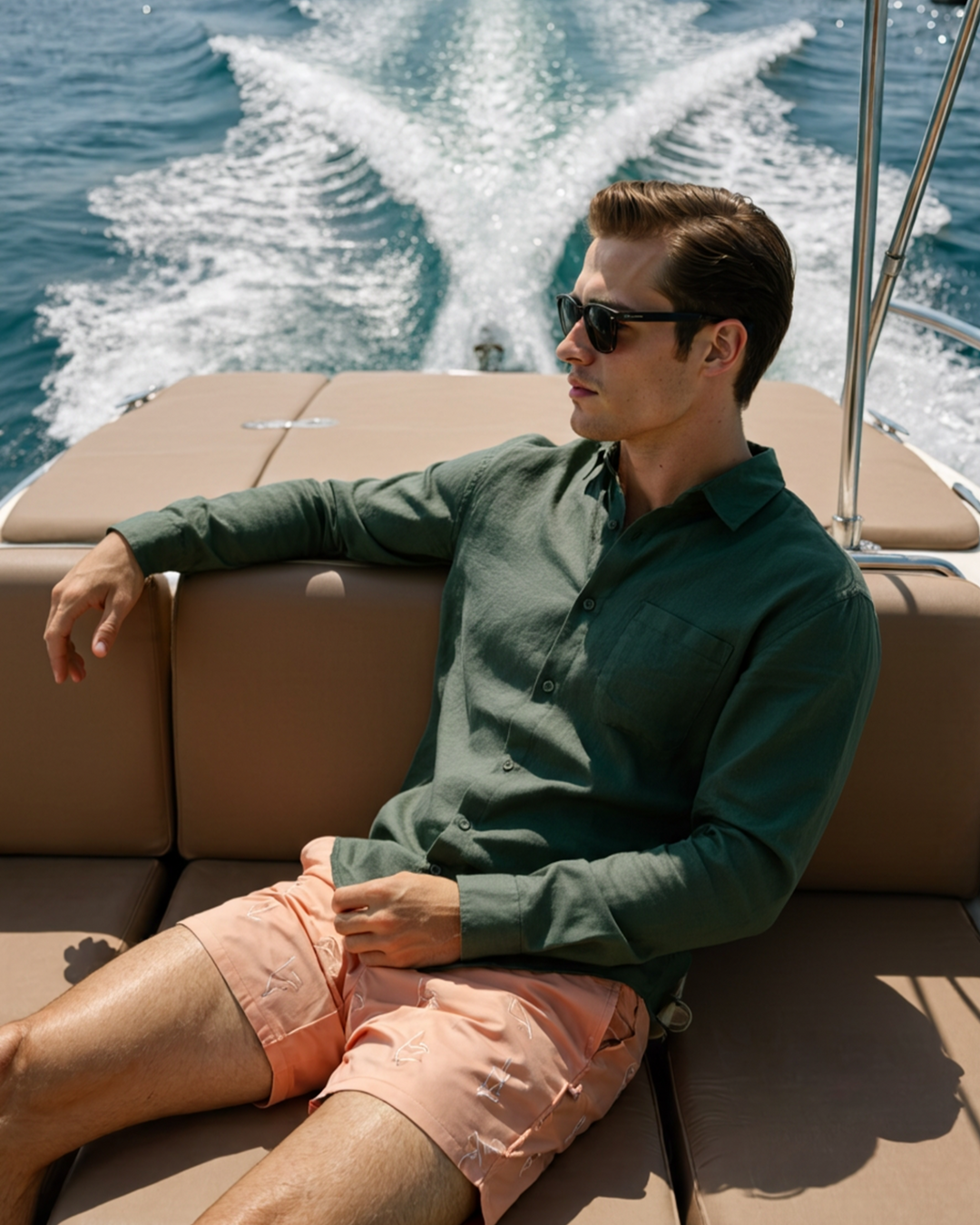  Male model wearing a relaxed button shirt on a plain background.