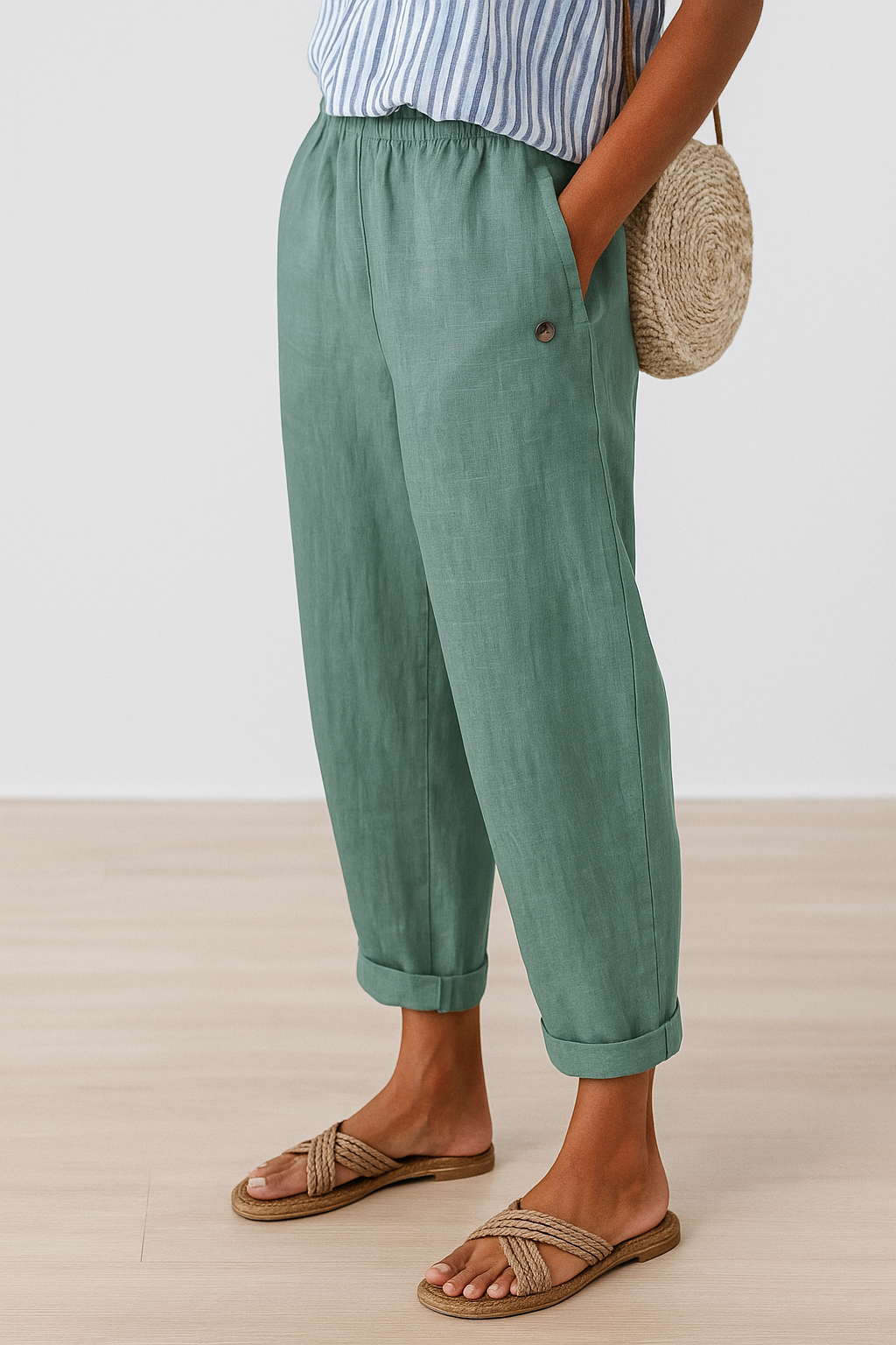  Female wearing everyday cropped trousers with a clean silhouette on a plain background.