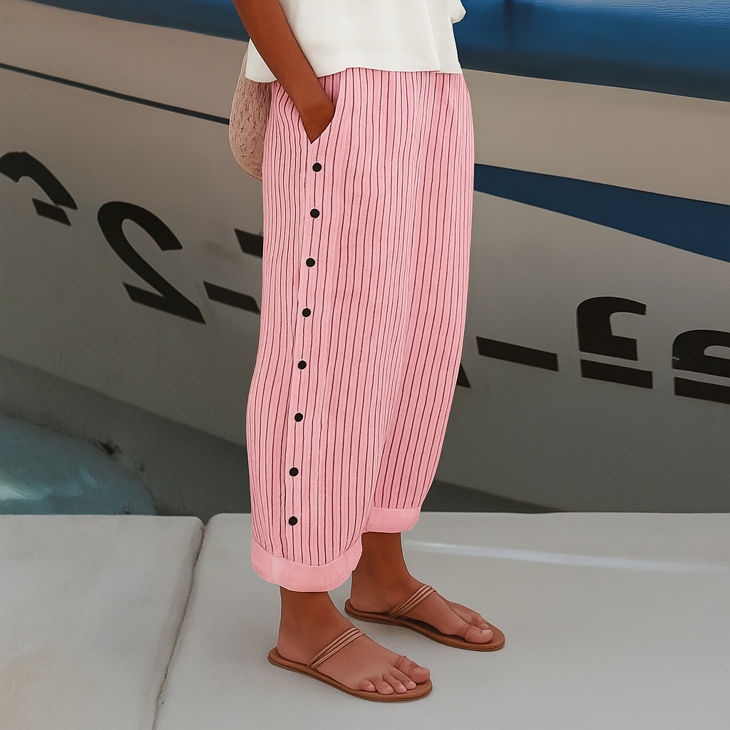Vertical stripe ankle pants with decorative side buttons