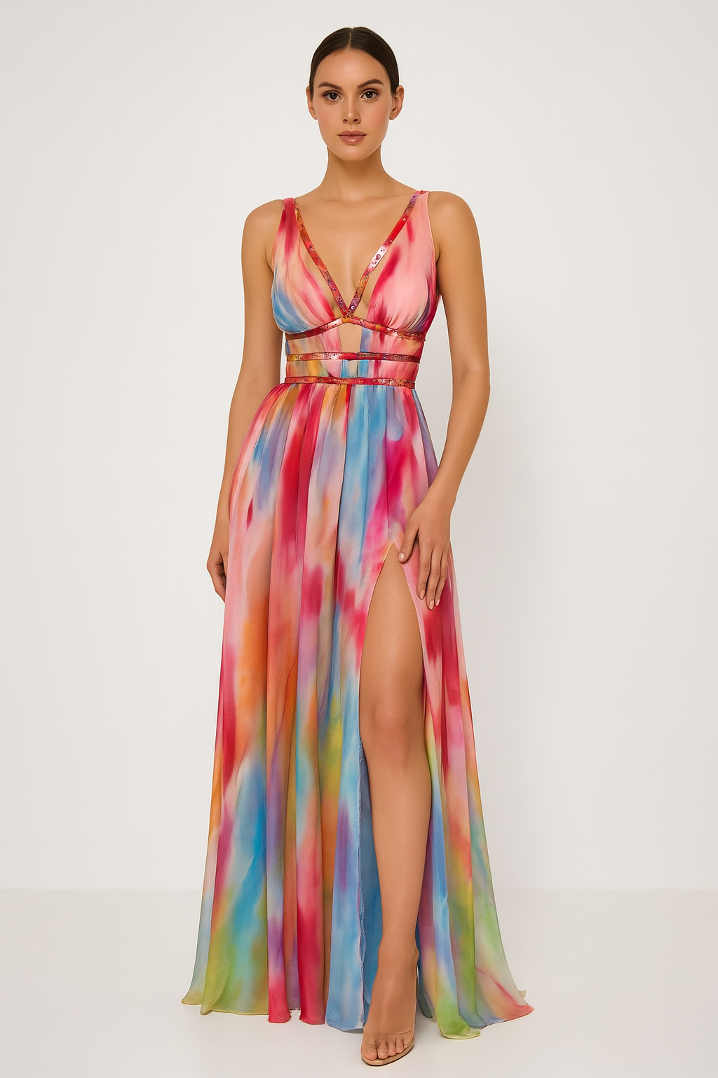 Sleeveless long dress hanging on hanger plain background front view