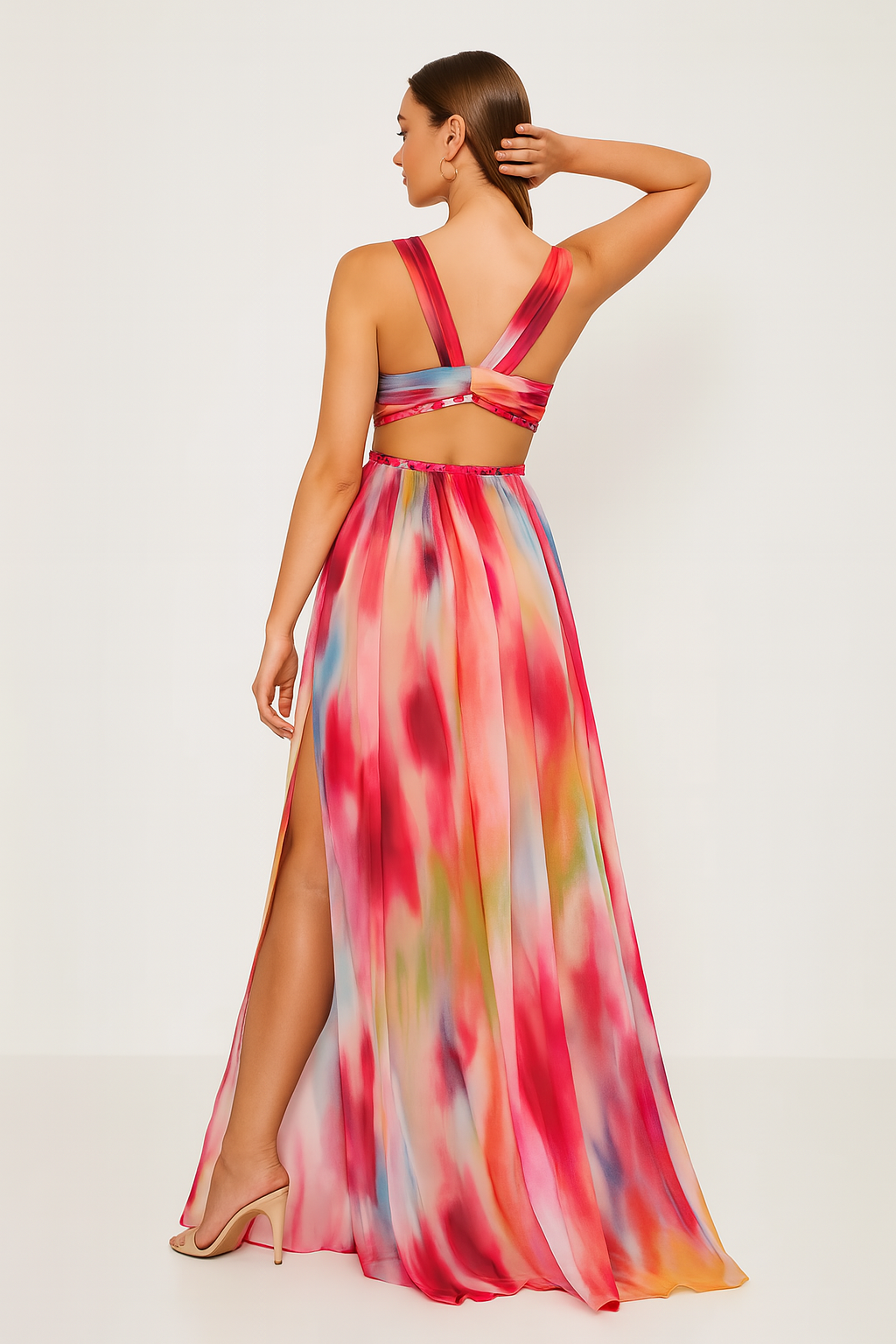A-line long dress on hanger plain background front slit visible, back view