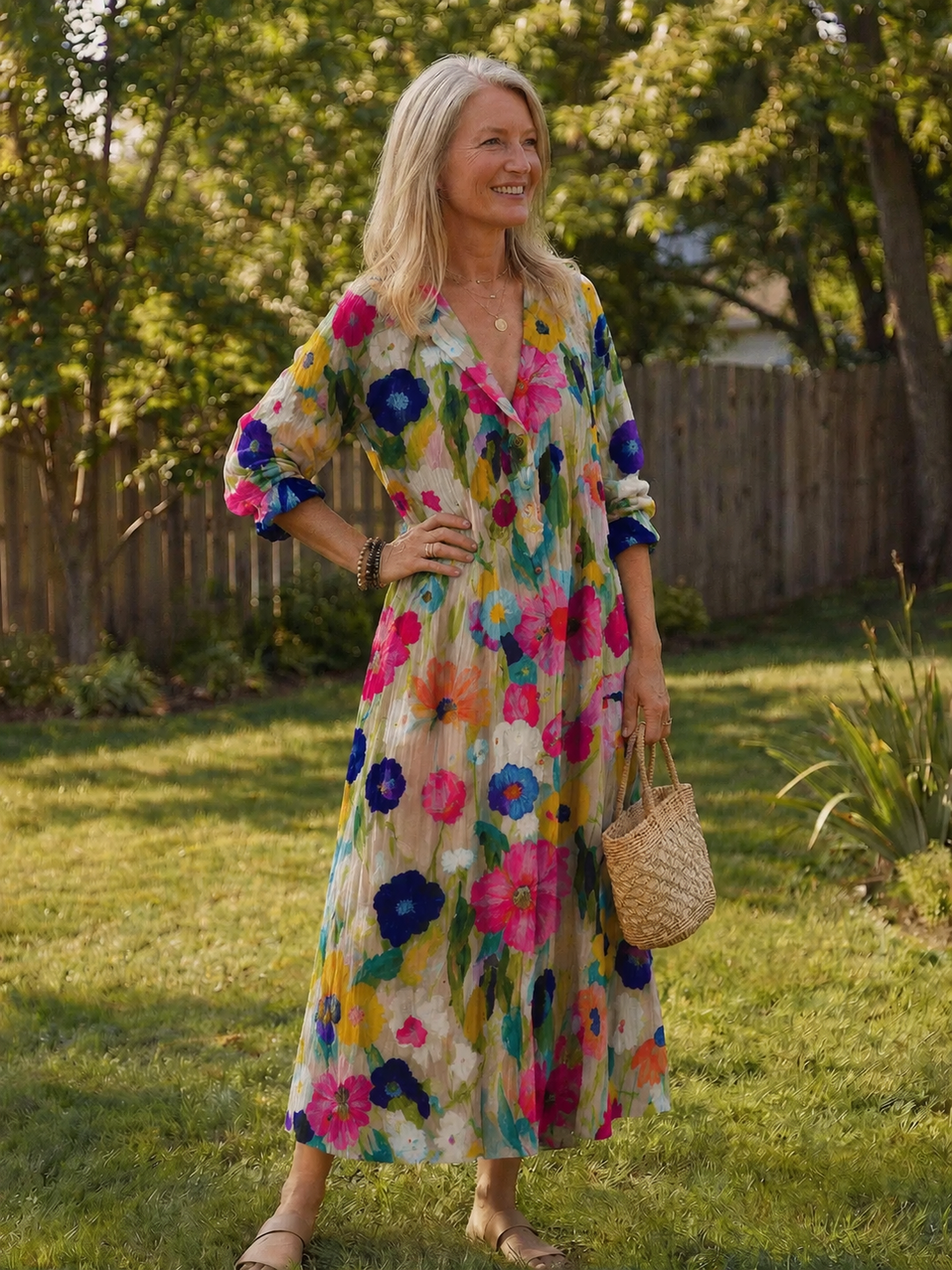 Female model wearing a floral button front maxi dress against a nature background.