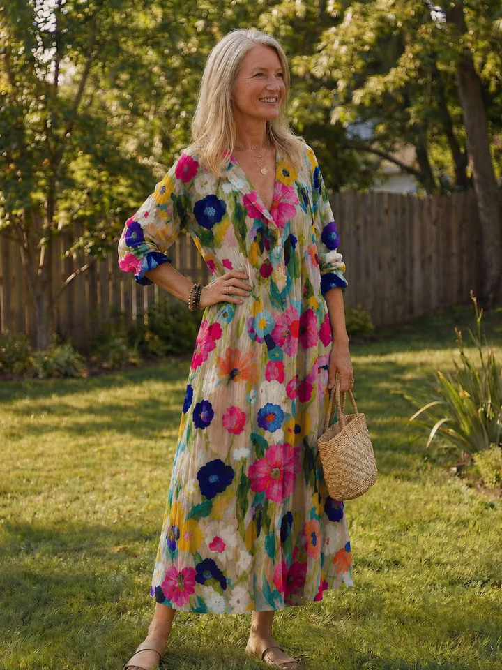 Female model wearing a floral button front maxi dress against a nature background.
