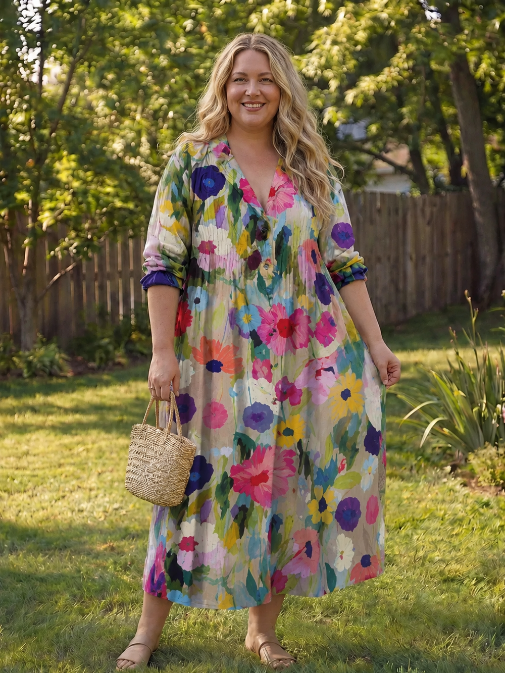 Woman posing in a flowing floral maxi dress with button front detail
