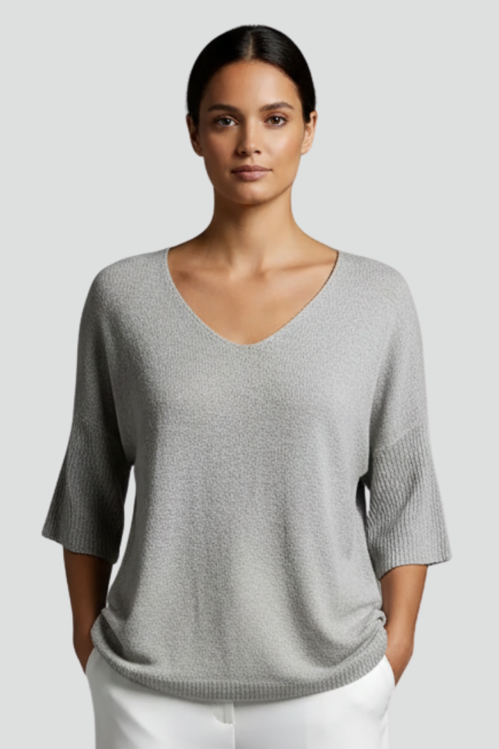 Relaxed knit gray blouse with flattering neckline photo