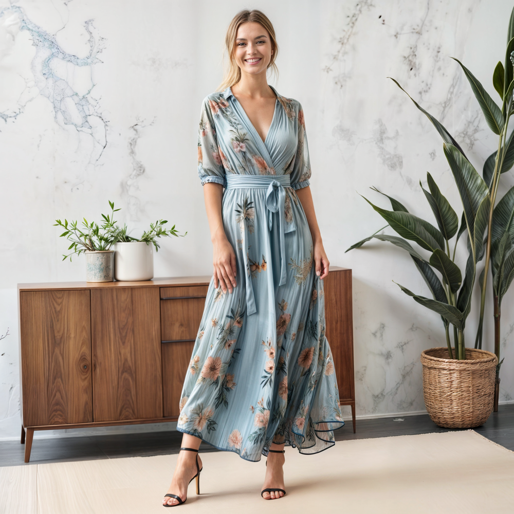  Woman showcasing a lightweight midi dress with a graceful silhouette on a plain background.