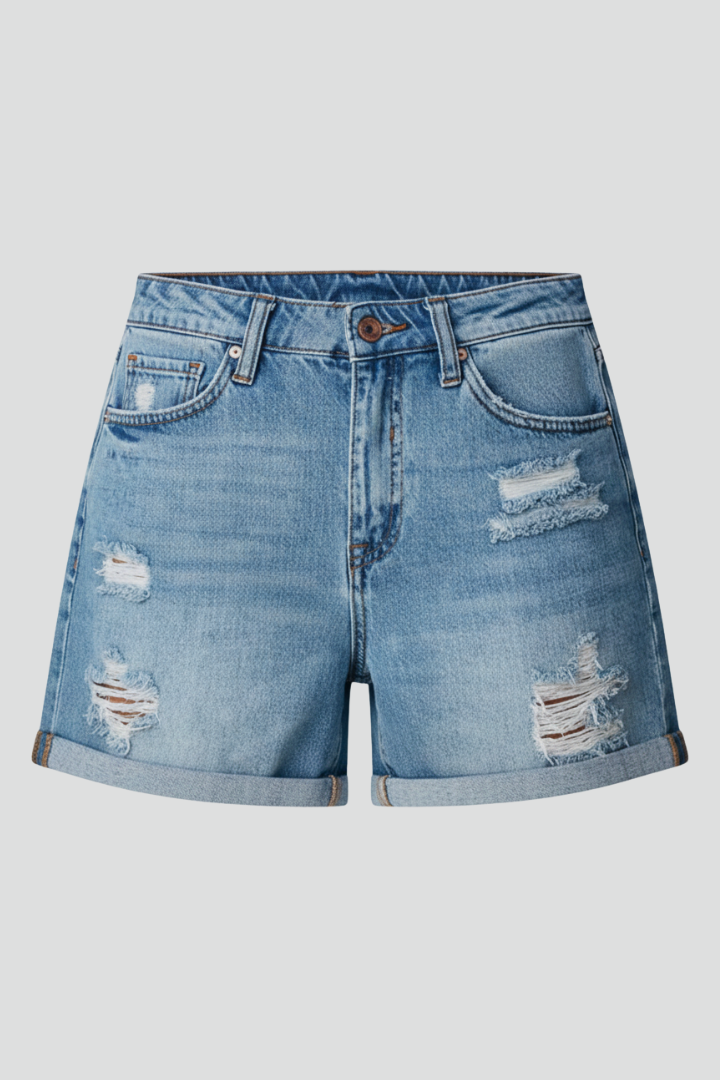 Trendy ripped jean shorts on plain background
