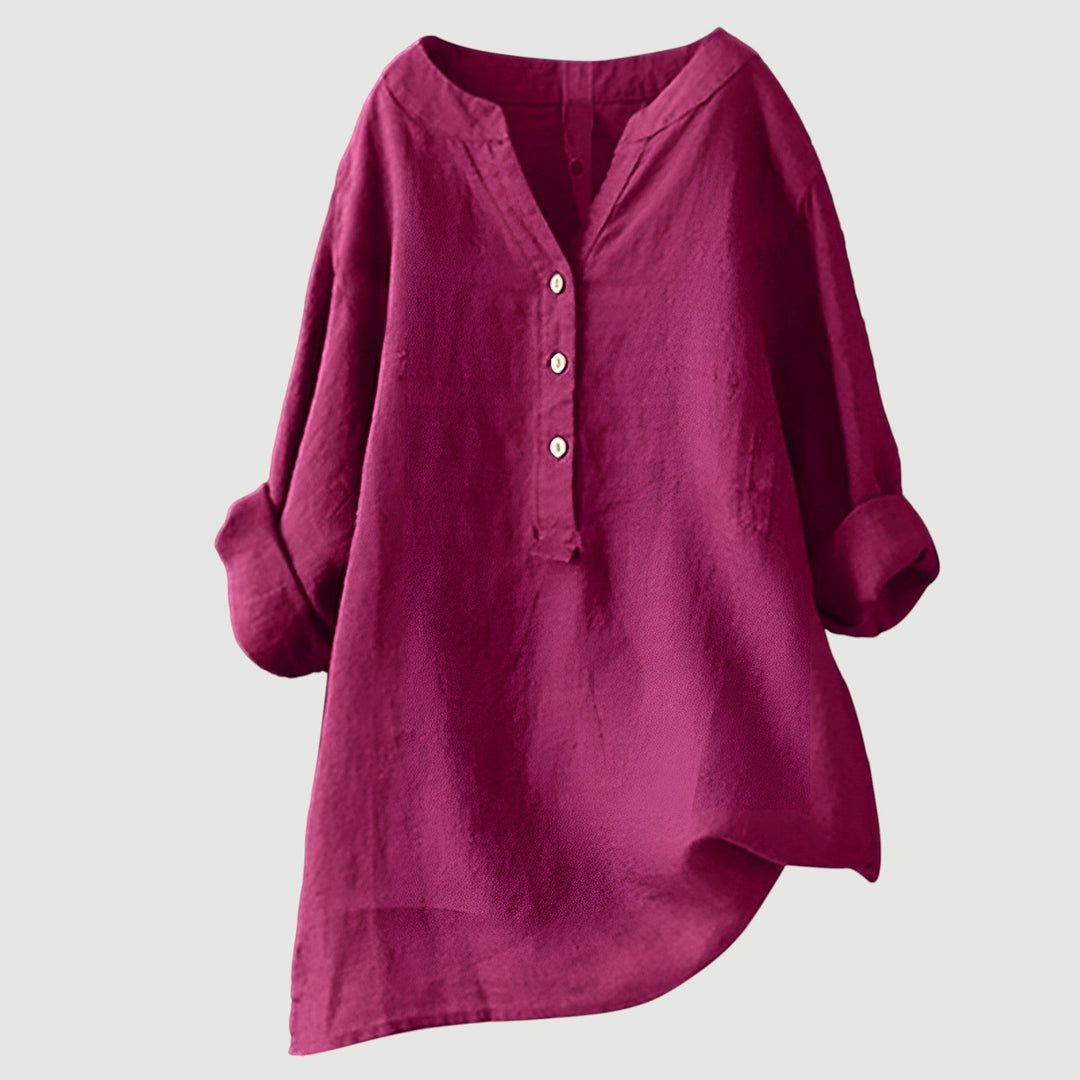 Casual linen blouse with flowing silhouette shown on clean background.