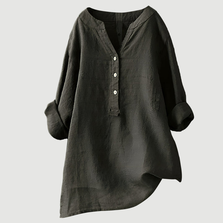 Women’s all-season linen top displayed against a plain background.