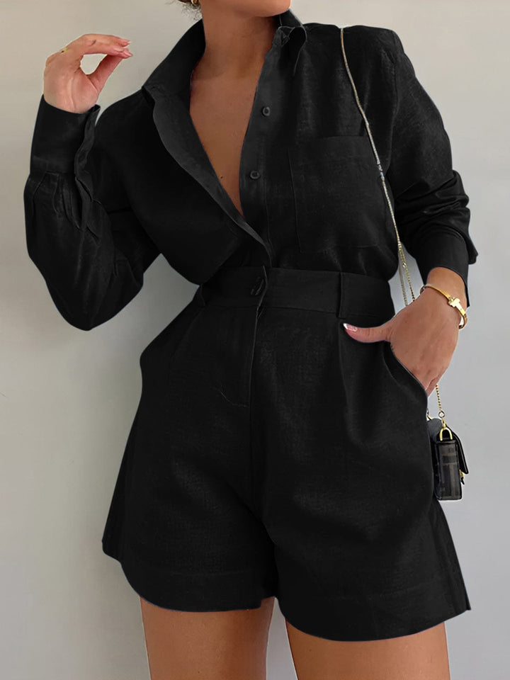 Woman wearing a soft-looking long sleeve two-piece set on a plain background.