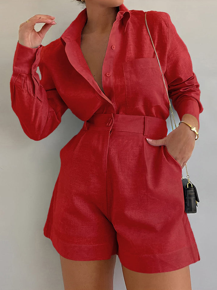 Model showcasing a casual matching outfit against a plain background.