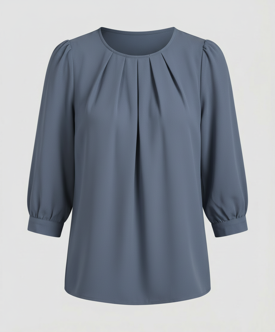 Female model wearing a pleated satin blouse designed for versatile styling.
