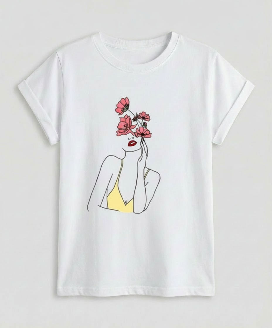 Woman showcasing a casual summer top paired with a plain studio background.
