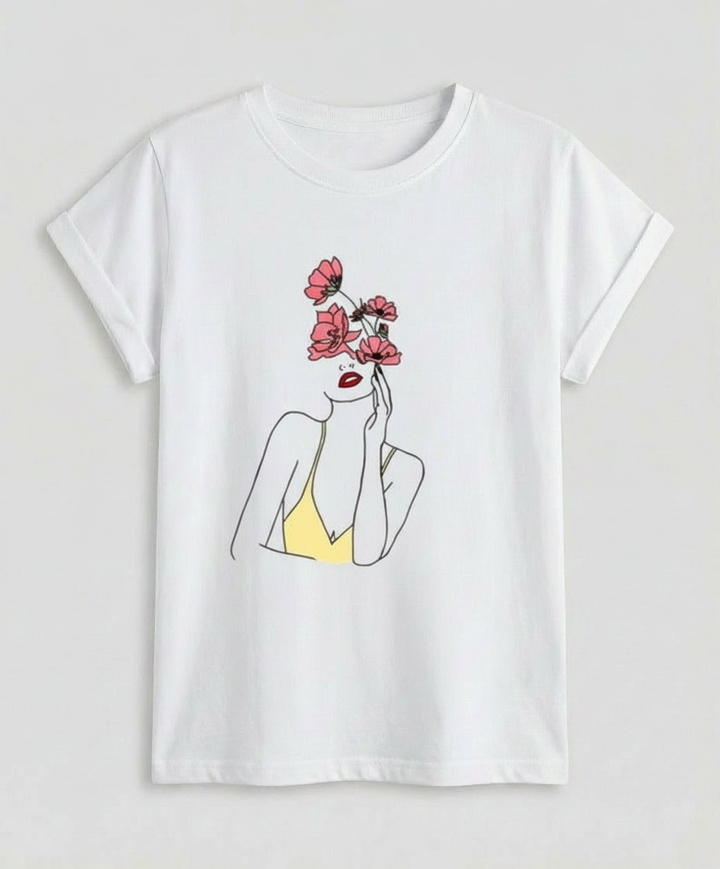 Woman showcasing a casual summer top paired with a plain studio background.
