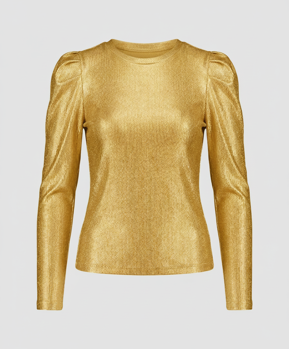 Female model wearing a sparkling blouse with a flattering fitted shape.