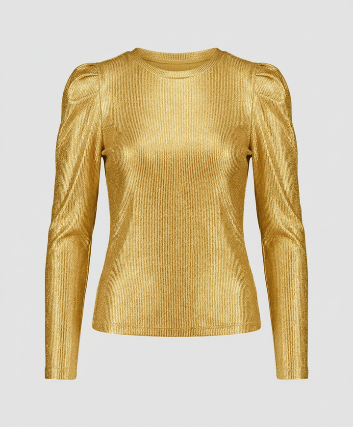 Female model wearing a sparkling blouse with a flattering fitted shape.
