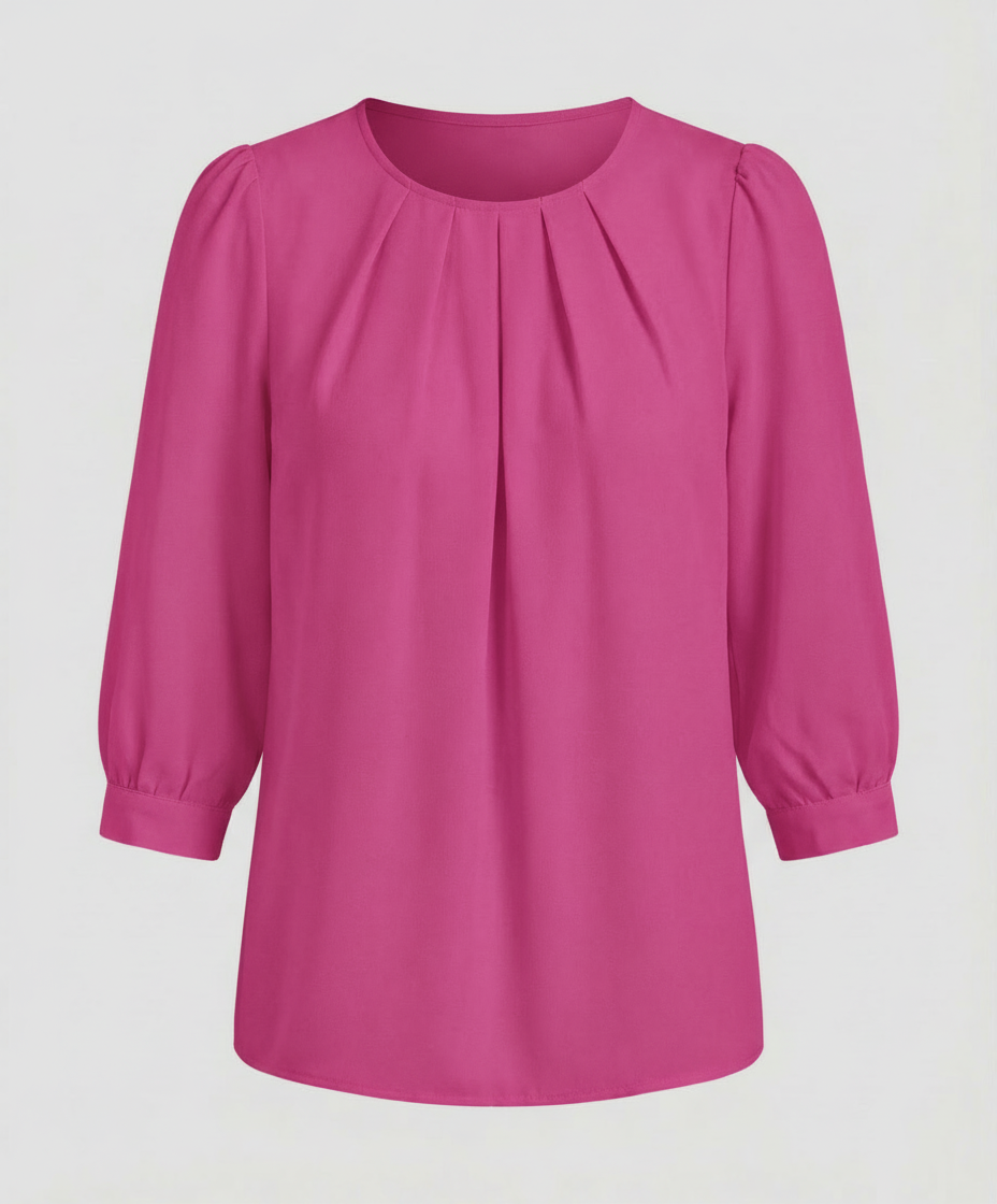 Female model showcasing a chic satin blouse suitable for office and occasion wear.

