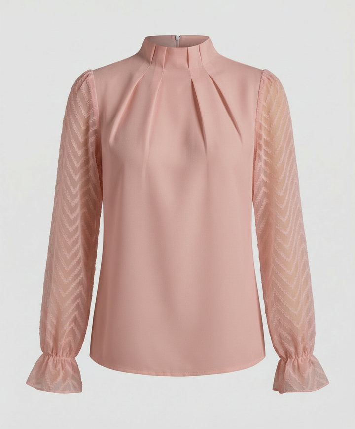 Woman in a classic long sleeve blouse with a feminine shape on a plain background