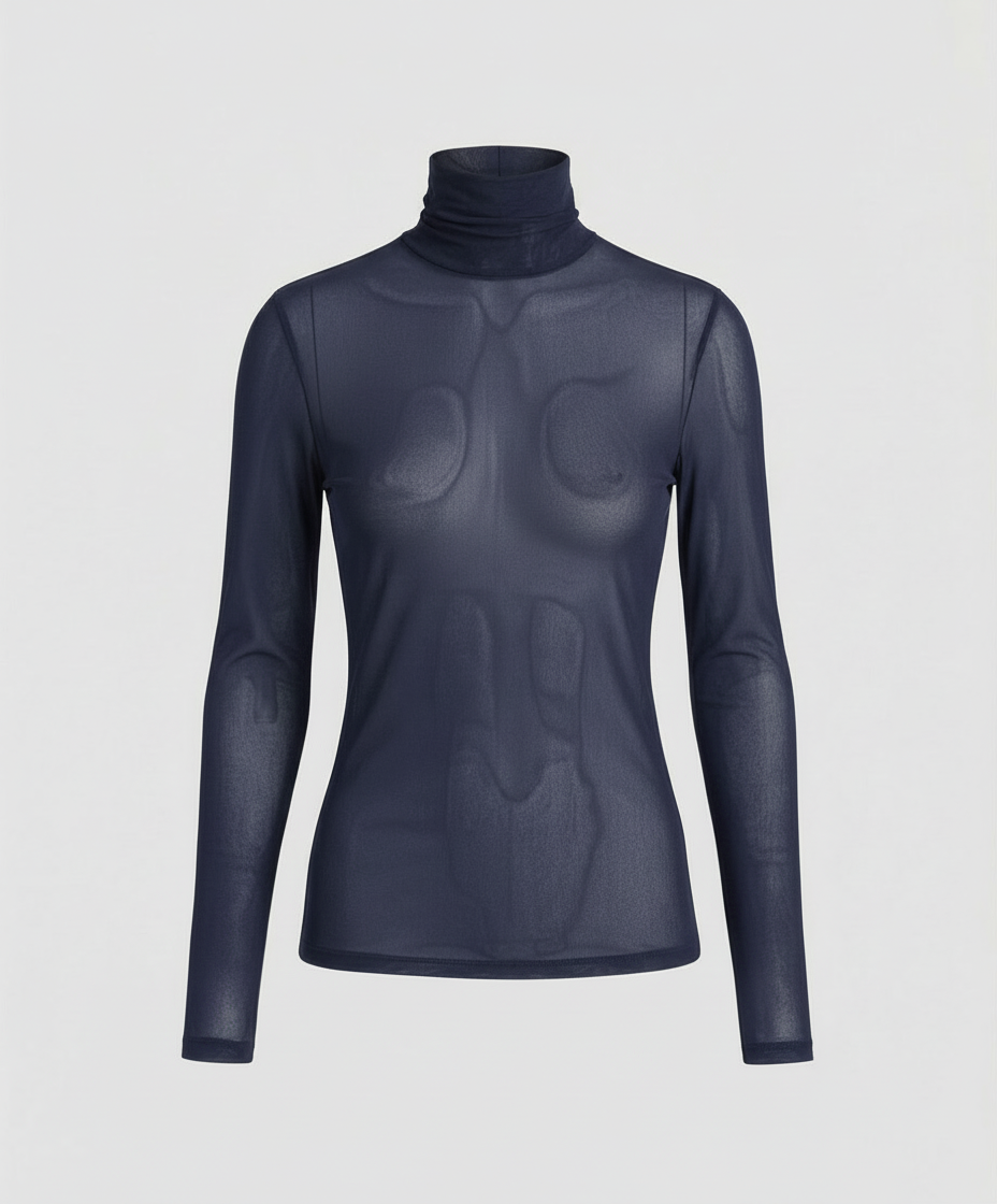 Female model in a lightweight transparent top with a classic turtleneck design.
