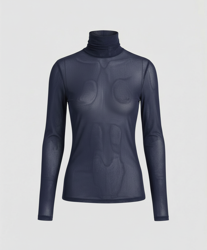 Female model in a lightweight transparent top with a classic turtleneck design.
