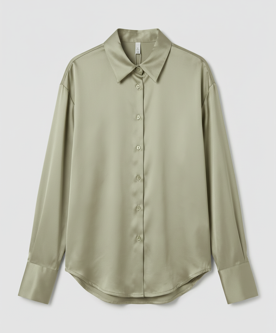 Soft silk shirt with elegant styling against a plain background.