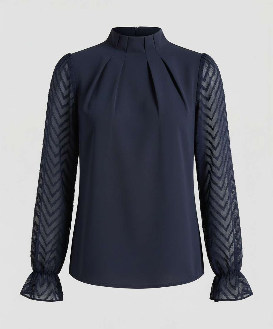 Woman showcasing a long sleeve women's blouse with clean lines and modern styling.