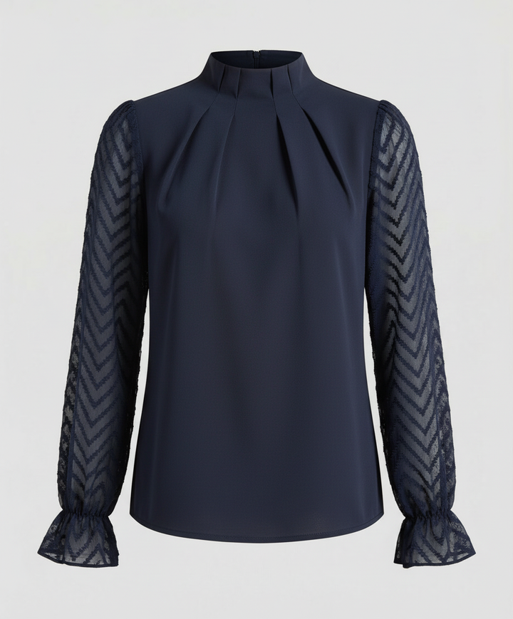 Woman showcasing a long sleeve women's blouse with clean lines and modern styling.