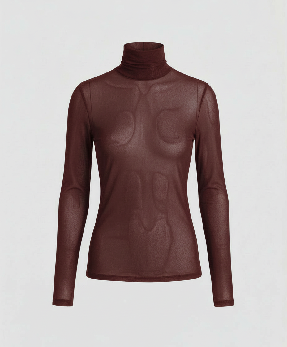 Female model showcasing a transparent turtleneck top suitable for layered styling.
