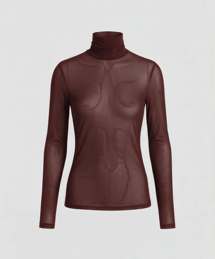 Female model showcasing a transparent turtleneck top suitable for layered styling.
