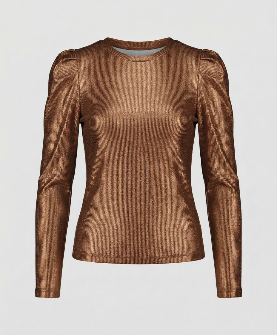Woman wearing a fitted sparkling top with a classic round neckline on a plain backdrop