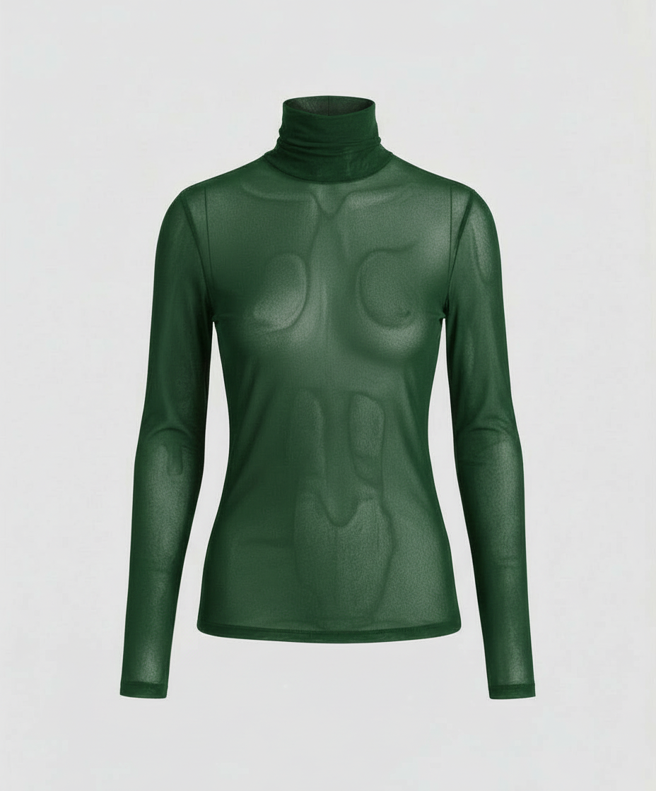 Woman wearing a fitted sheer blouse with long sleeves and a high neck.
