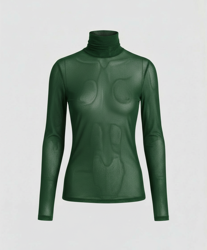 Woman wearing a fitted sheer blouse with long sleeves and a high neck.