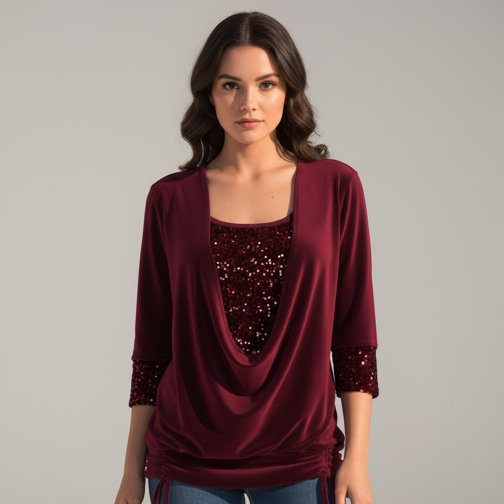 Woman wearing a shimmering long sleeve blouse on a plain background.
