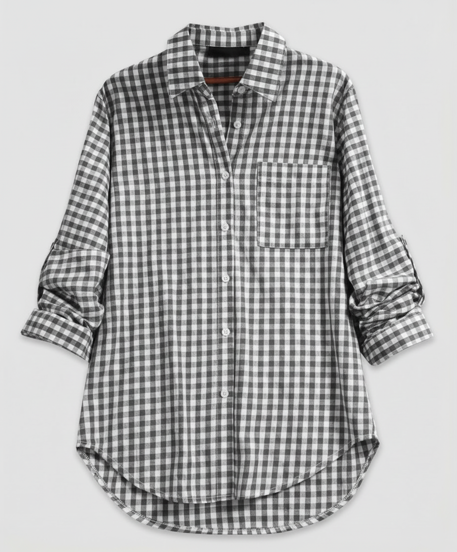Female model showcasing a casual checked blouse with long sleeves and a loose fit.