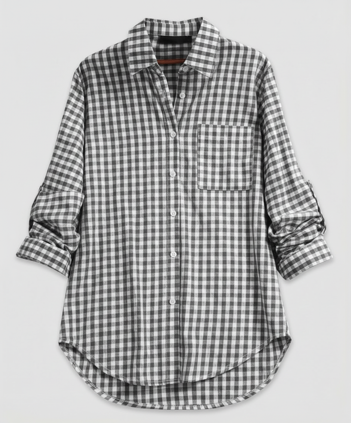 Female model showcasing a casual checked blouse with long sleeves and a loose fit.