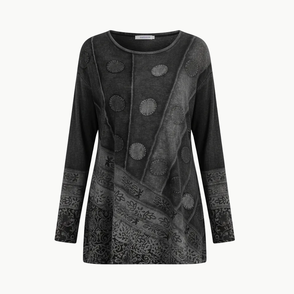 Woman in a relaxed-fit patterned tunic suitable for daily wear and outings.
