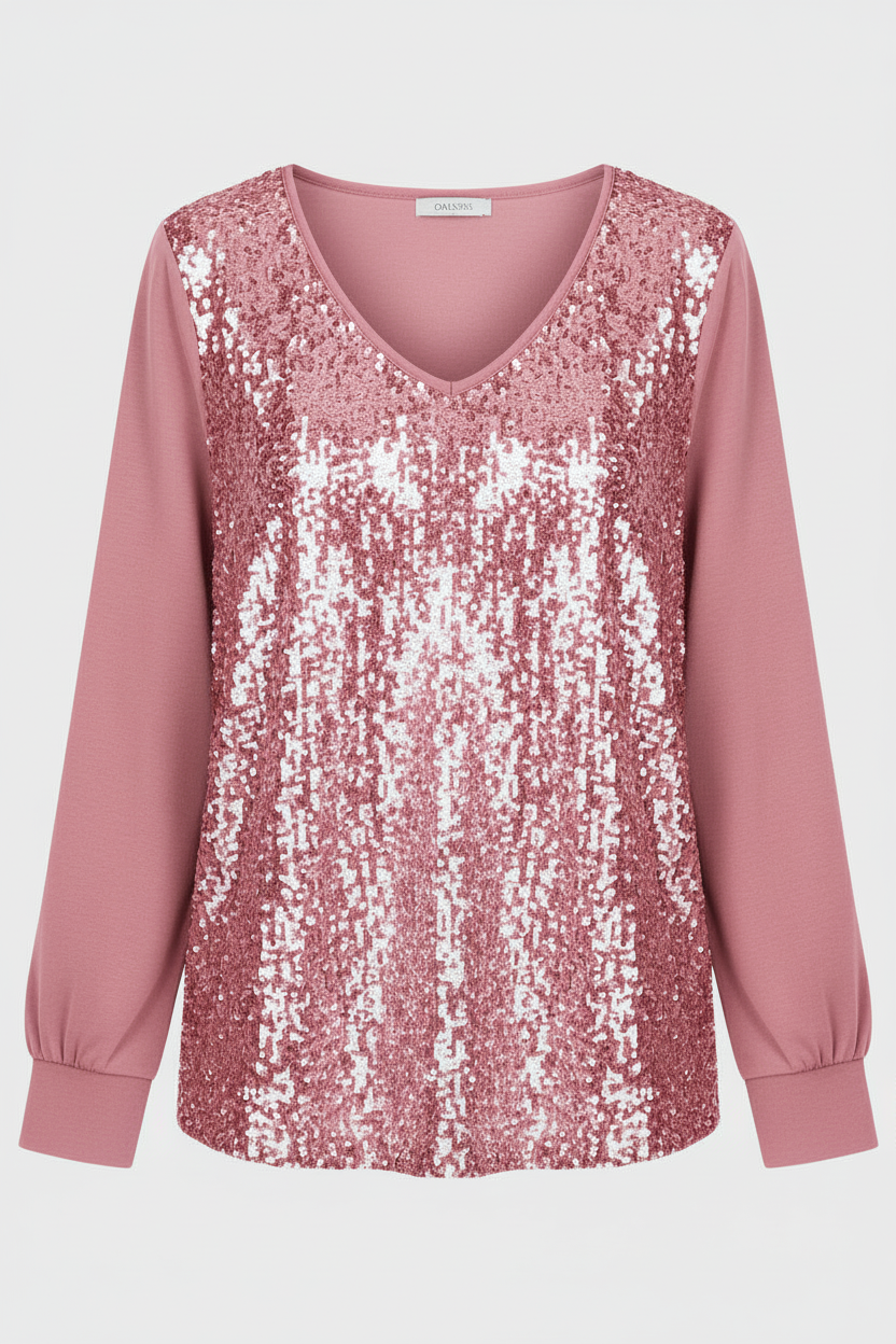 Female model showcasing a stylish glitter blouse with a comfortable fit and refined design.
