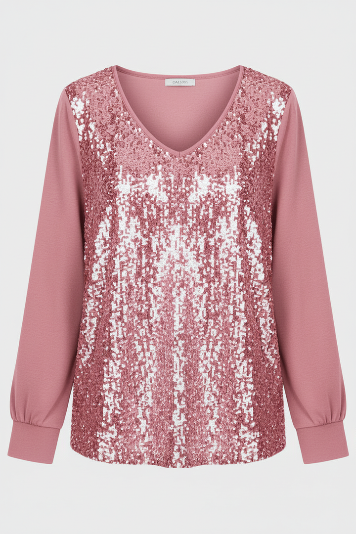 Female model showcasing a stylish glitter blouse with a comfortable fit and refined design.
