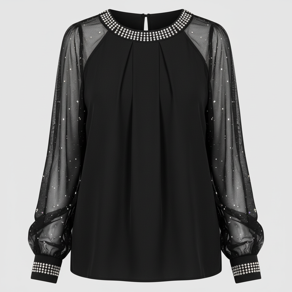 Female model wearing a long sleeve mesh top with decorative sequins and a regular fit.