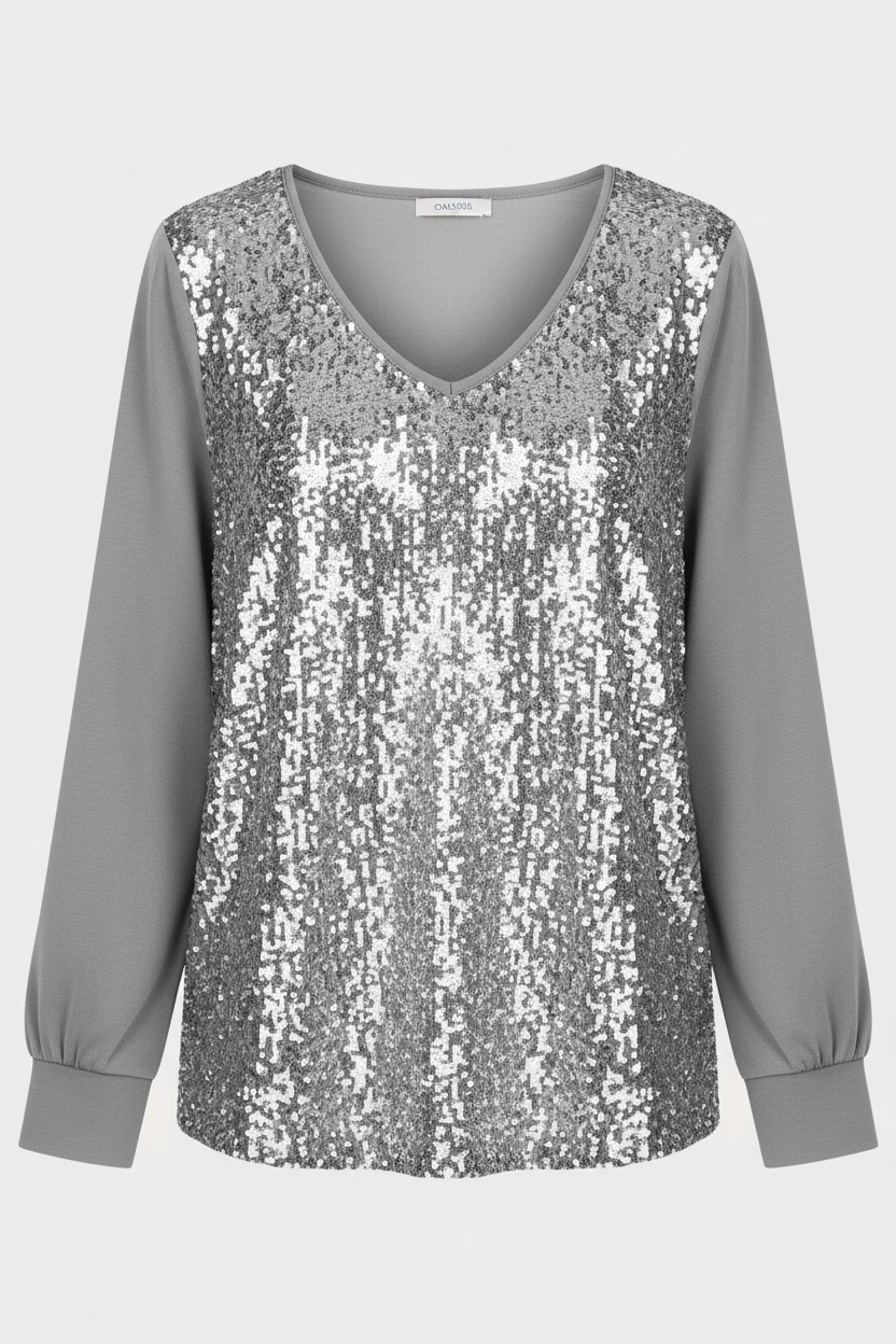 Woman wearing an elegant shimmer blouse suitable
