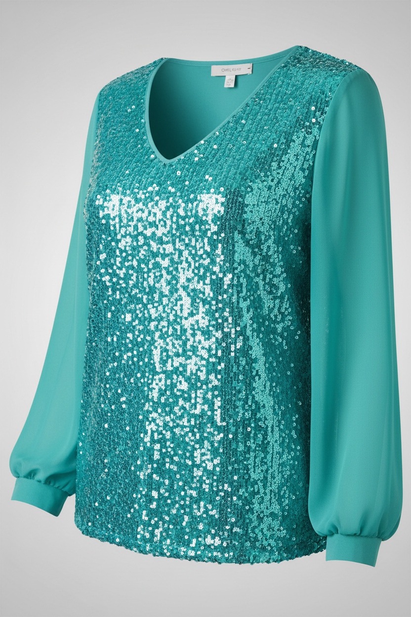 Female model showcasing a glitter blouse with a feminine neckline and relaxed silhouette.
