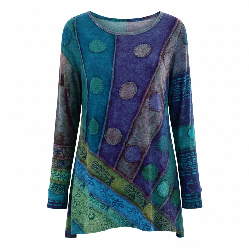 Woman wearing a vibrant printed tunic with long sleeves and a class
