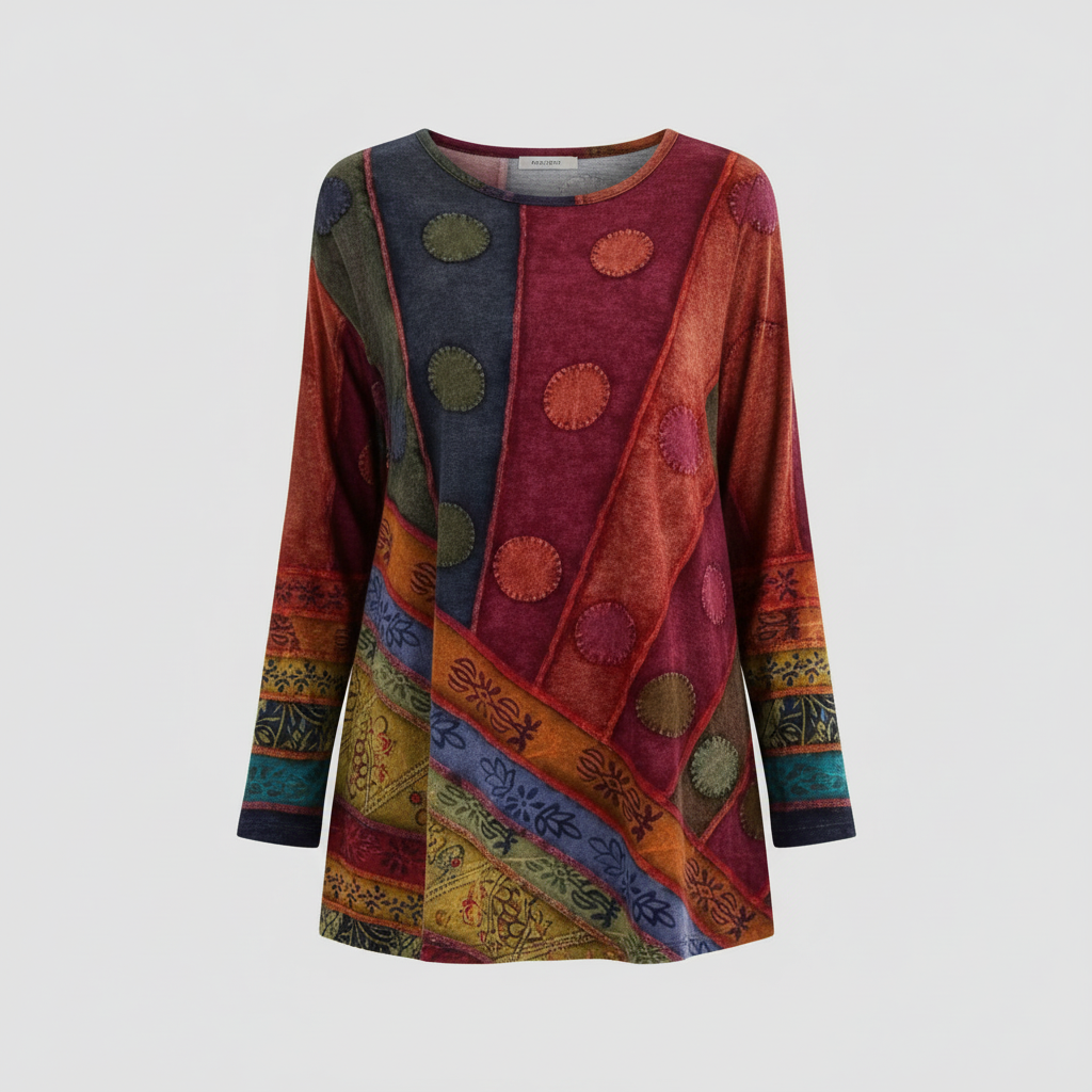 Female model in a colourful tunic top with a relaxed silhouette against a plain backdrop.
