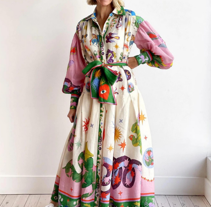 Woman model wearing a V-neck twist front maxi dress against a clean background.