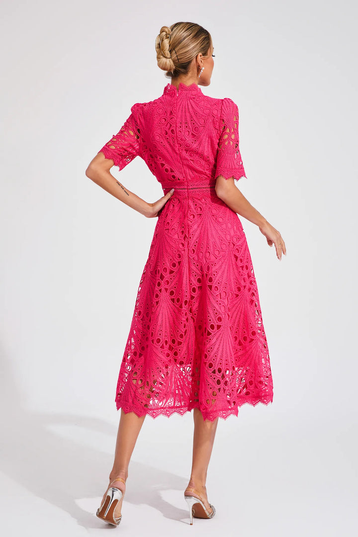 Back view, wearing a sophisticated lace midi dress designed for cocktail events on a clean background.