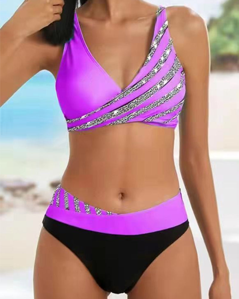 Woman in a refined bikini look on a clean beach background for tropical vacation wear.