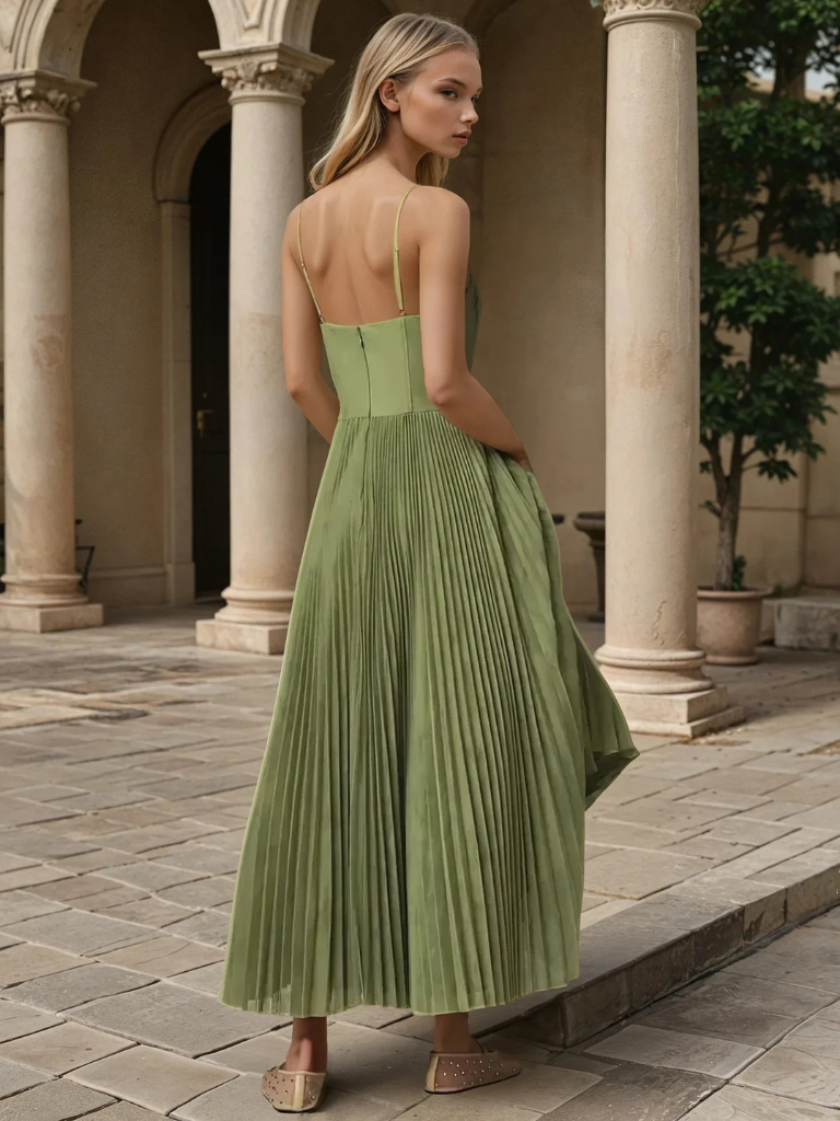 Woman standing in a flowing pleated formal style on a plain background.