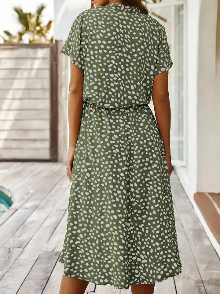 Everyday green dress with abstract dot print design in back view