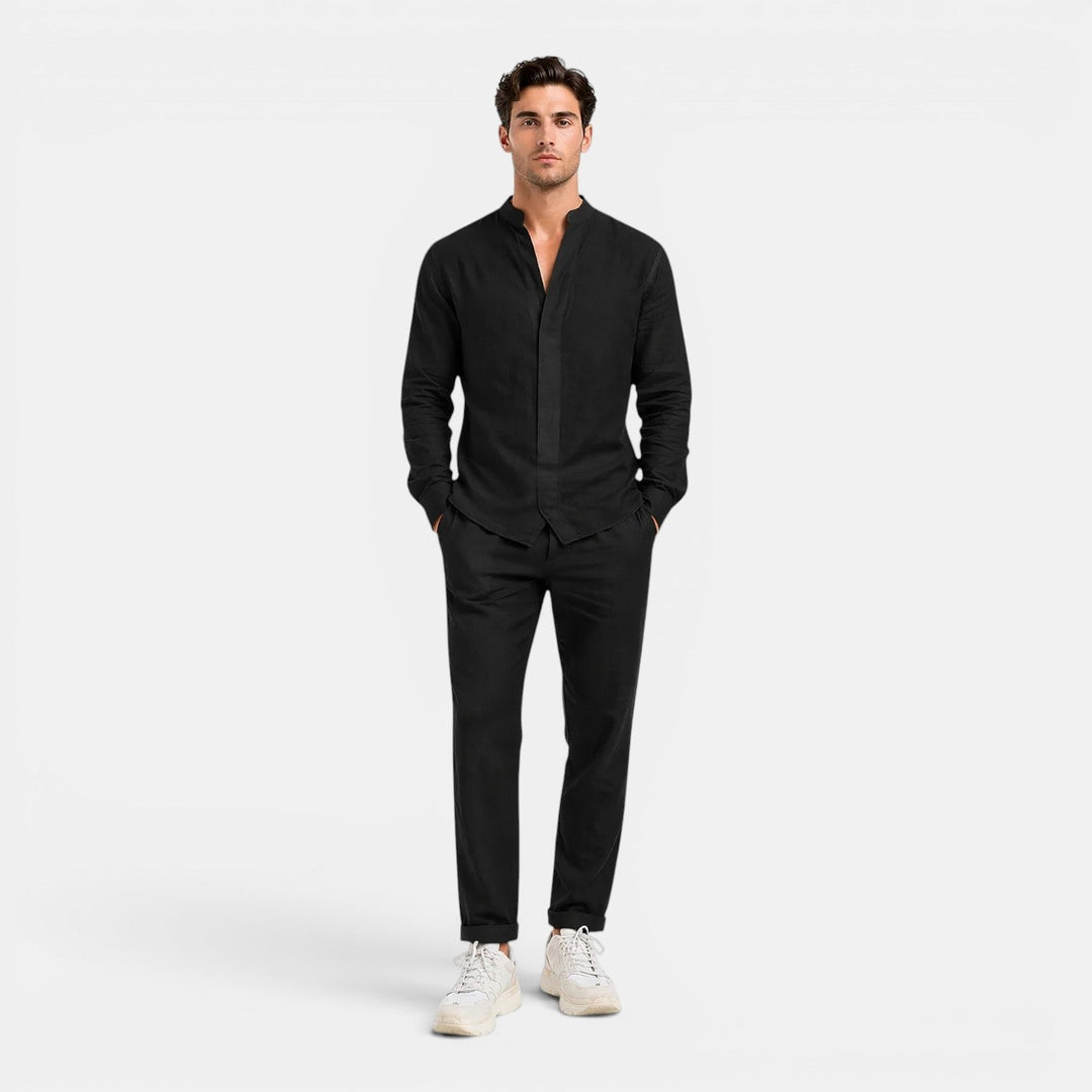 Male model wearing a lightweight matching outfit  
